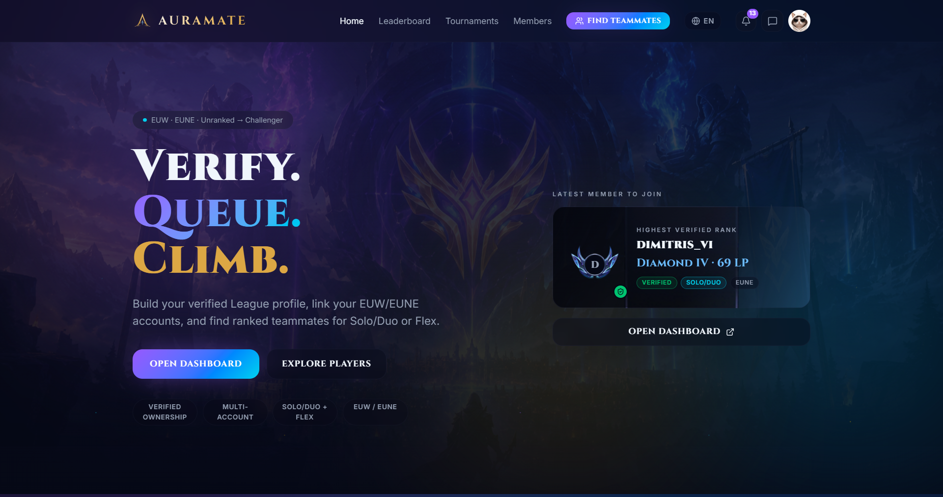 Auramate marketing homepage with EUW and EUNE verification hero